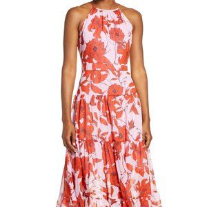 Floral tiered sleeveless dress with tie neck